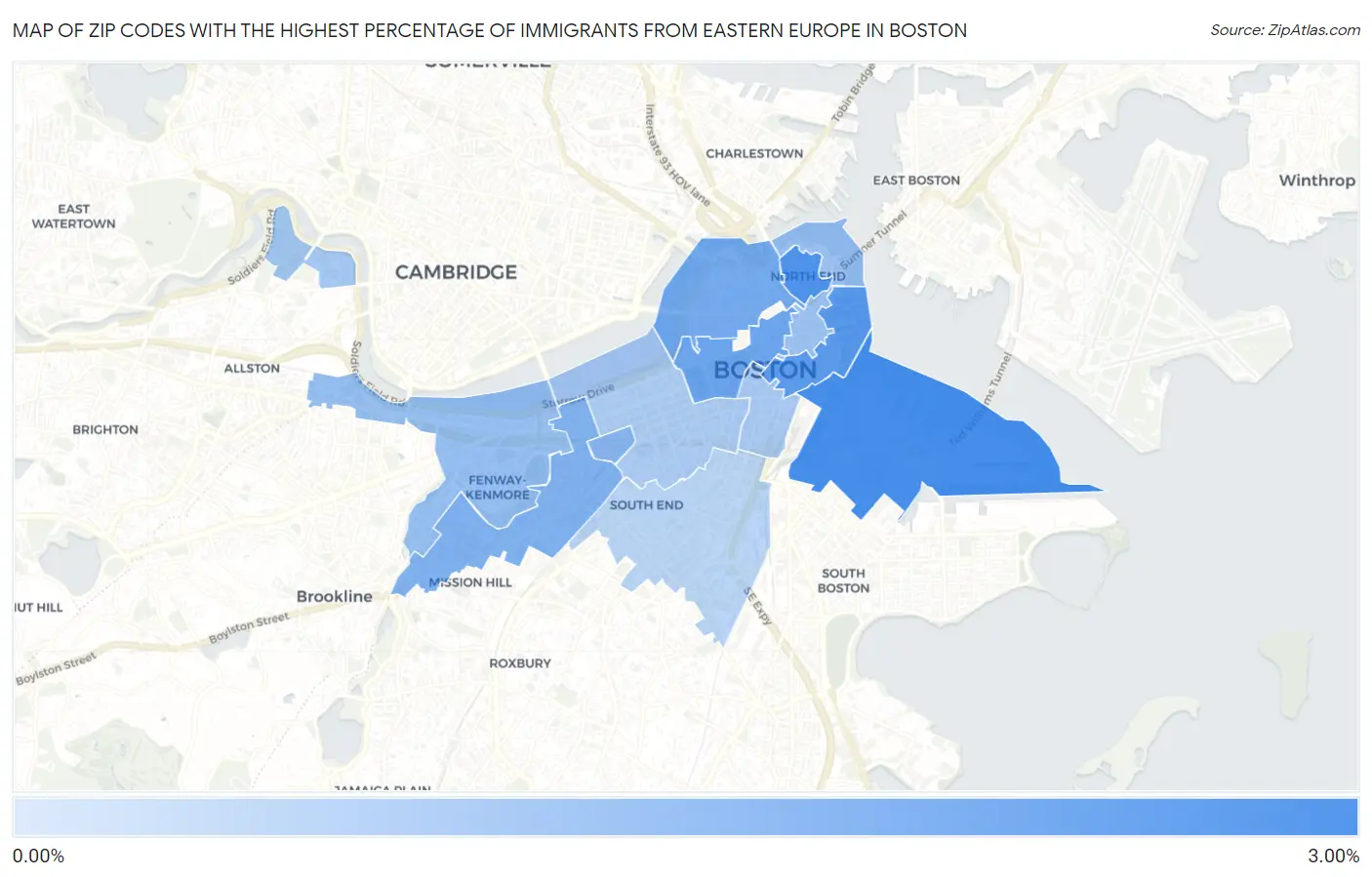 Zip Codes with the Highest Percentage of Immigrants from Eastern Europe in Boston Map