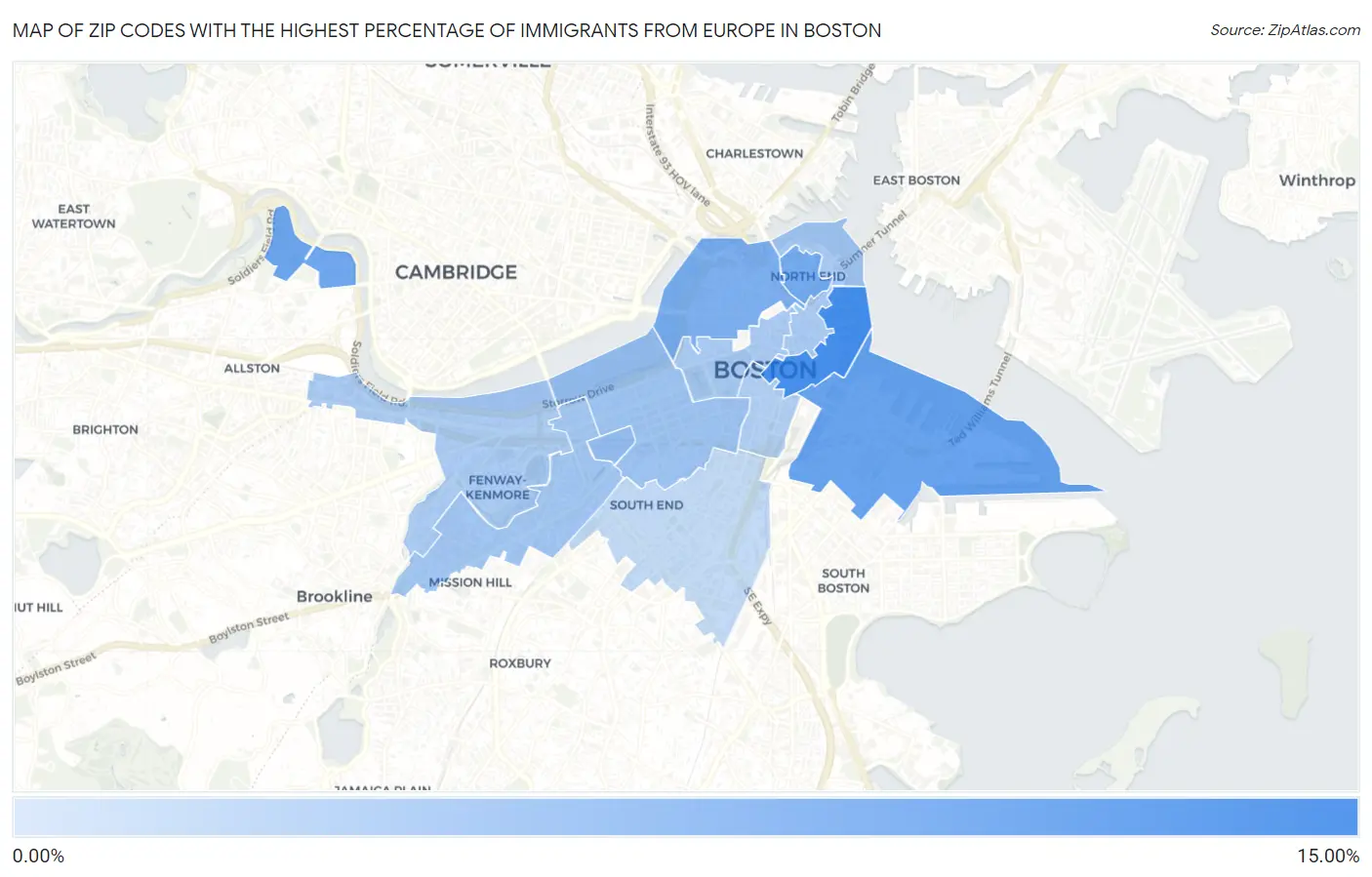 Zip Codes with the Highest Percentage of Immigrants from Europe in Boston Map