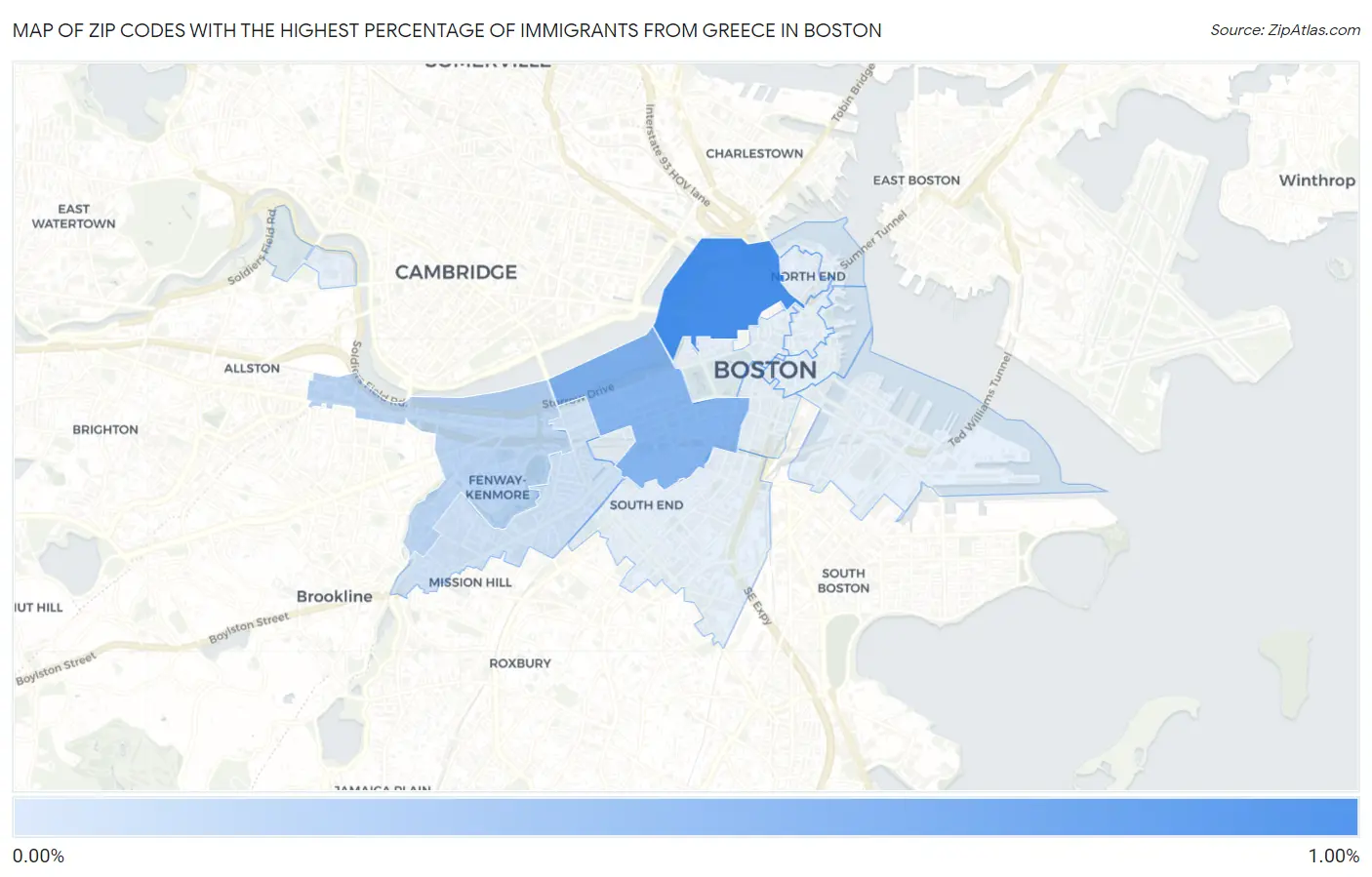 Zip Codes with the Highest Percentage of Immigrants from Greece in Boston Map
