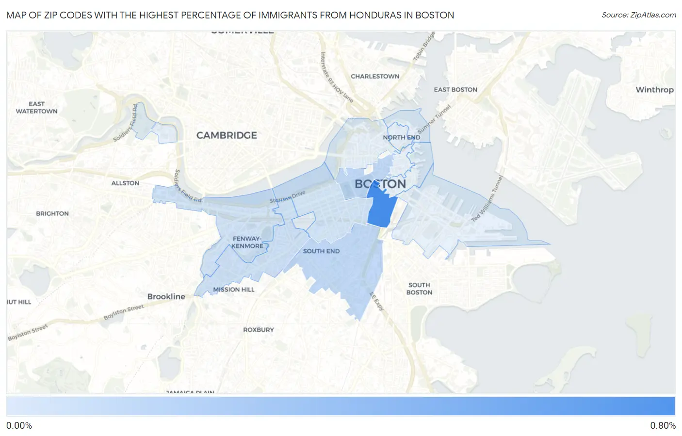 Zip Codes with the Highest Percentage of Immigrants from Honduras in Boston Map