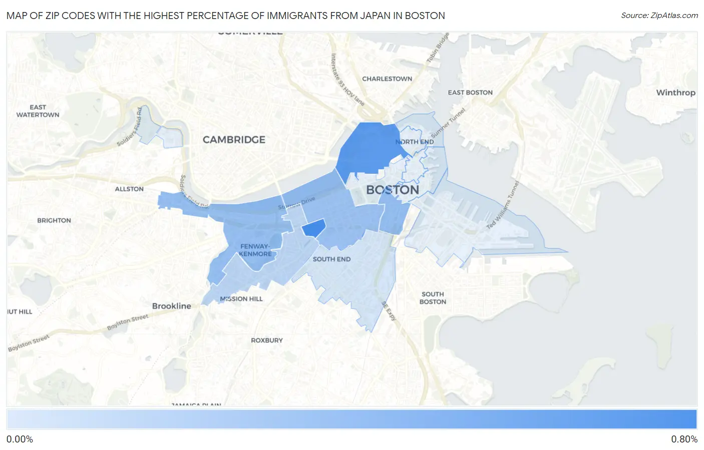 Zip Codes with the Highest Percentage of Immigrants from Japan in Boston Map