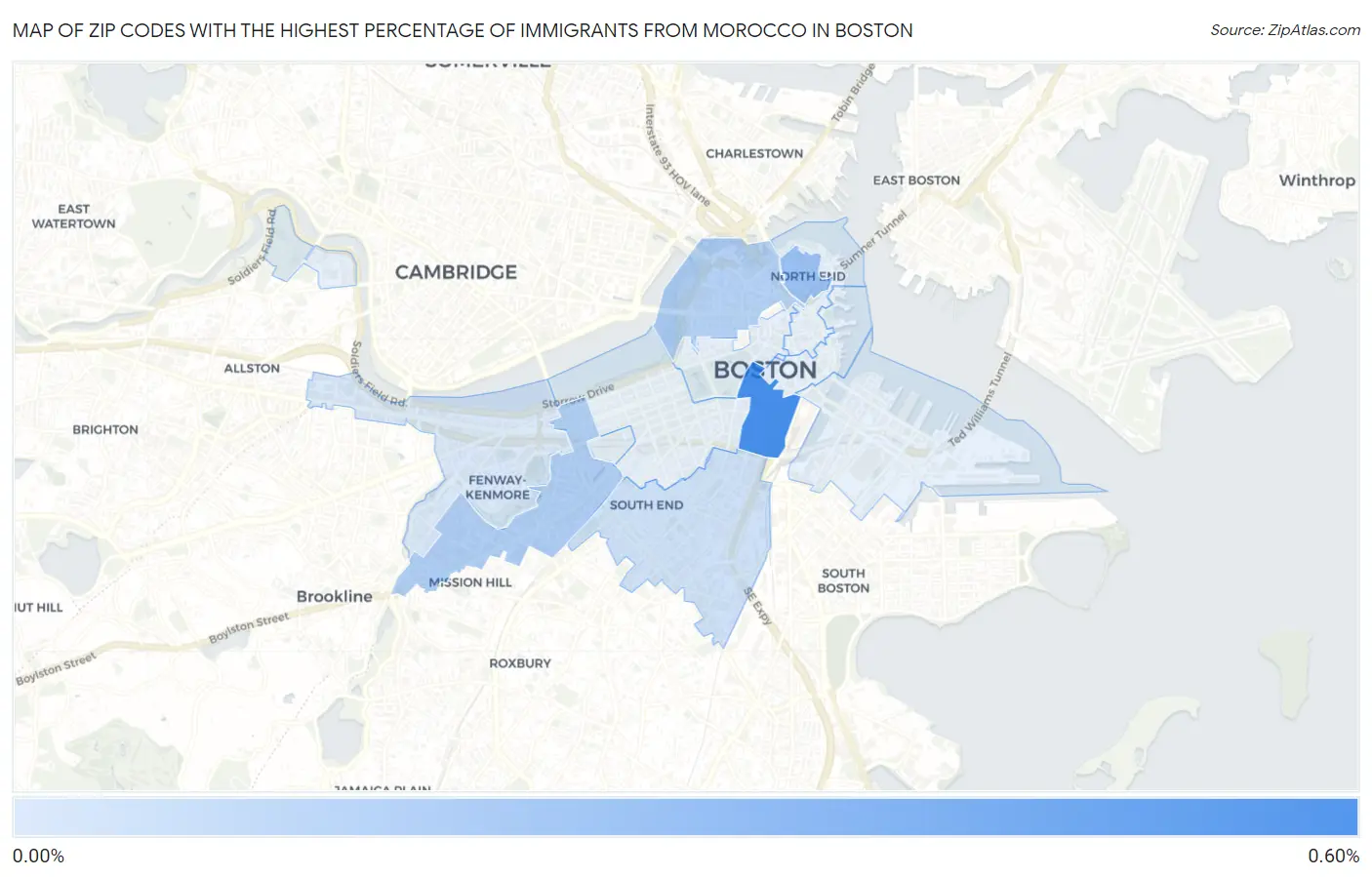 Zip Codes with the Highest Percentage of Immigrants from Morocco in Boston Map