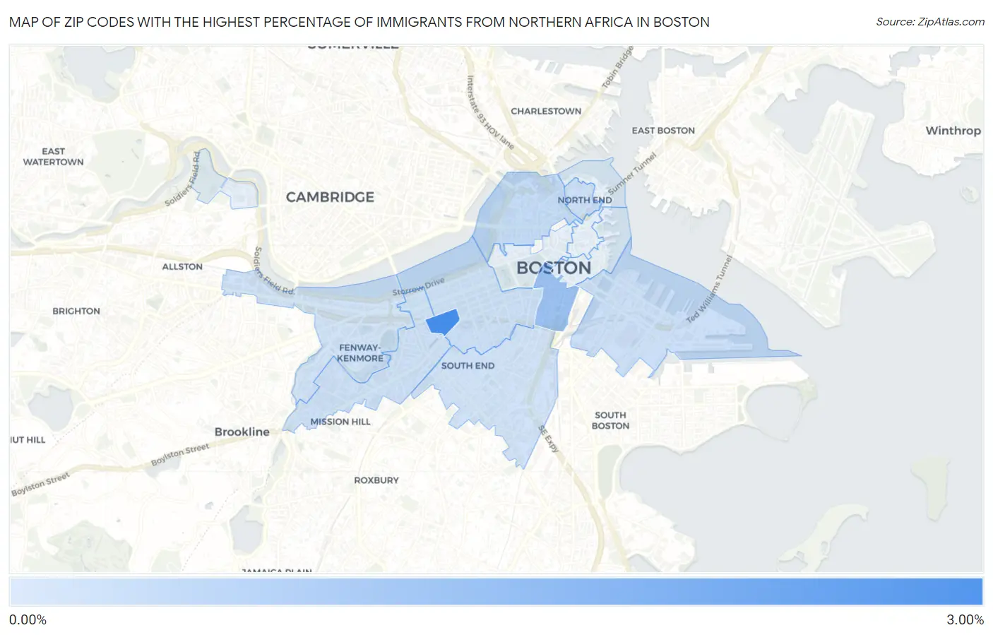 Zip Codes with the Highest Percentage of Immigrants from Northern Africa in Boston Map