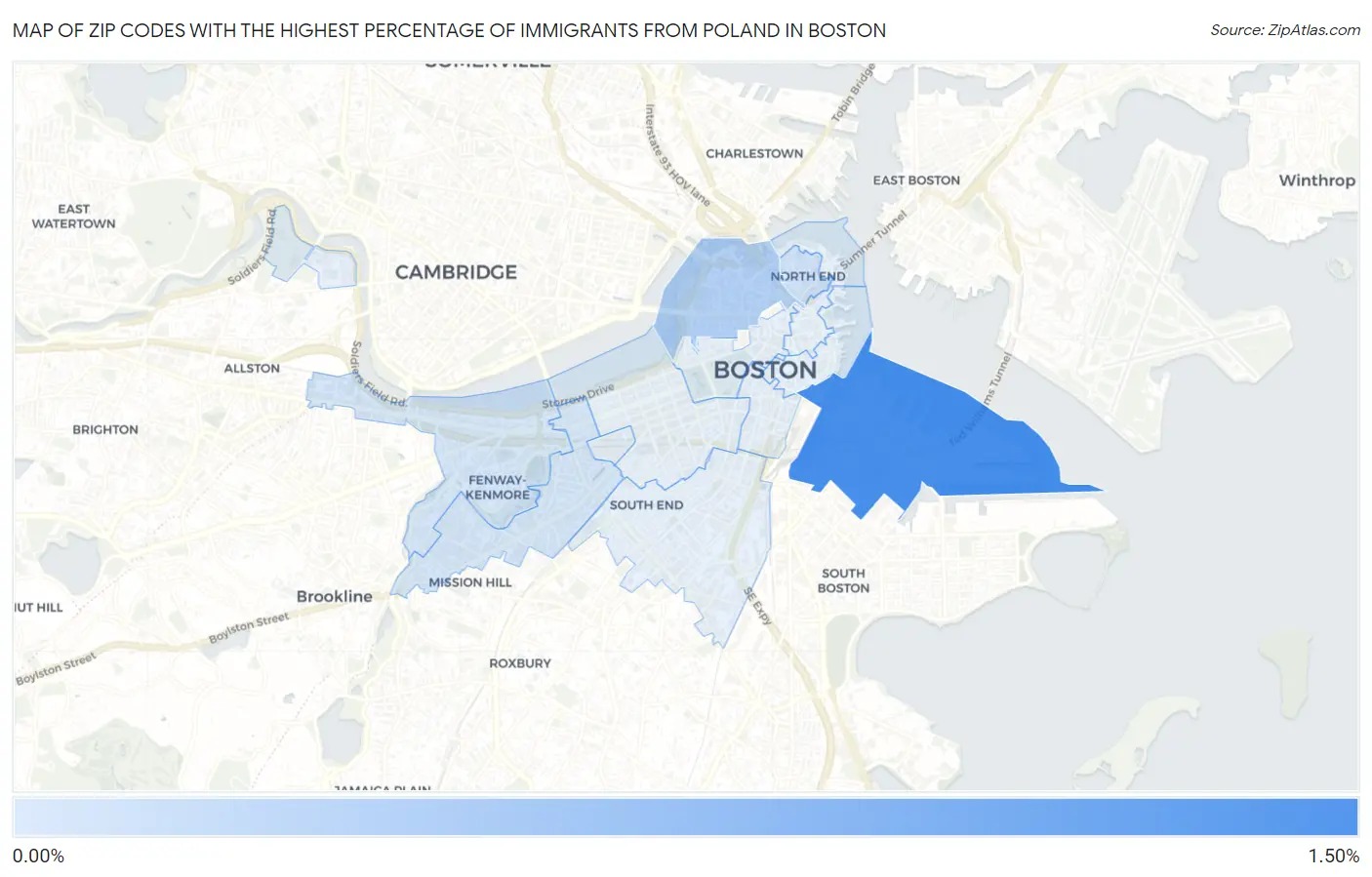 Zip Codes with the Highest Percentage of Immigrants from Poland in Boston Map