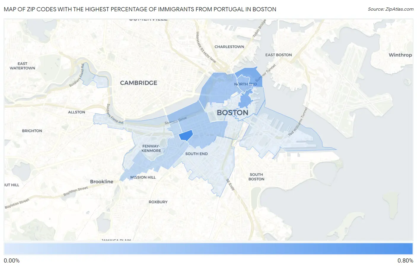 Zip Codes with the Highest Percentage of Immigrants from Portugal in Boston Map