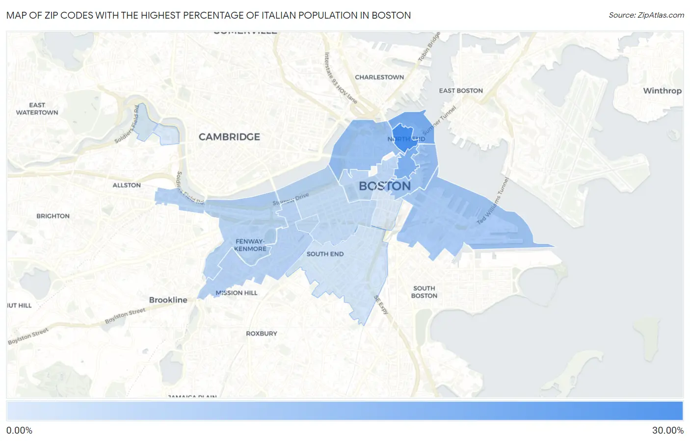 Zip Codes with the Highest Percentage of Italian Population in Boston Map