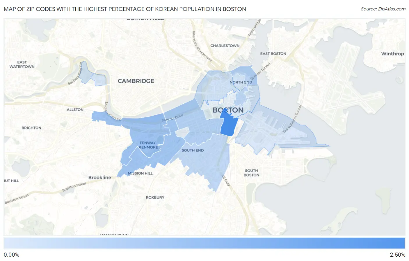 Zip Codes with the Highest Percentage of Korean Population in Boston Map