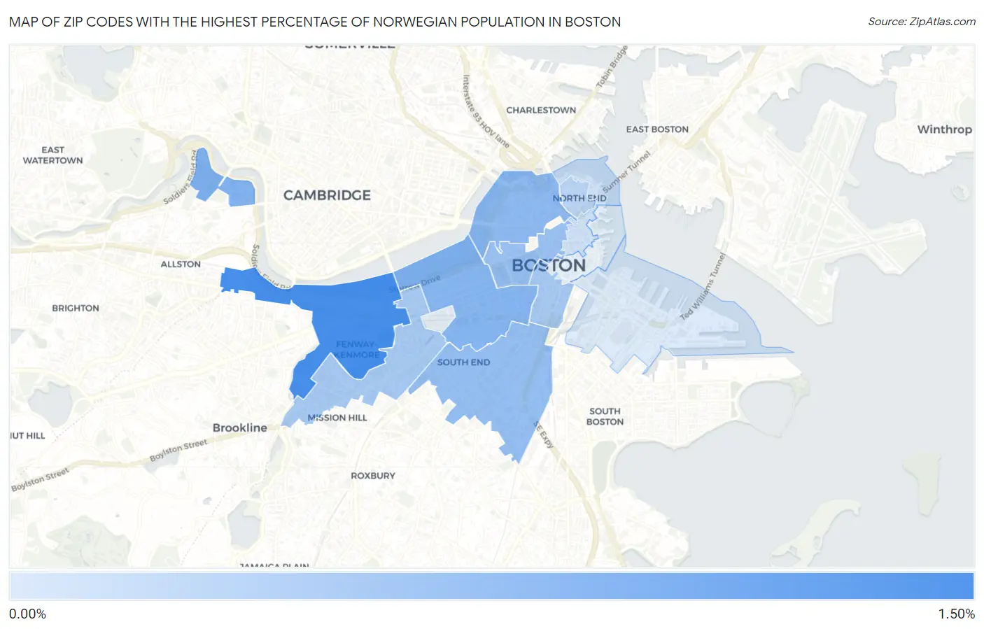 Zip Codes with the Highest Percentage of Norwegian Population in Boston Map
