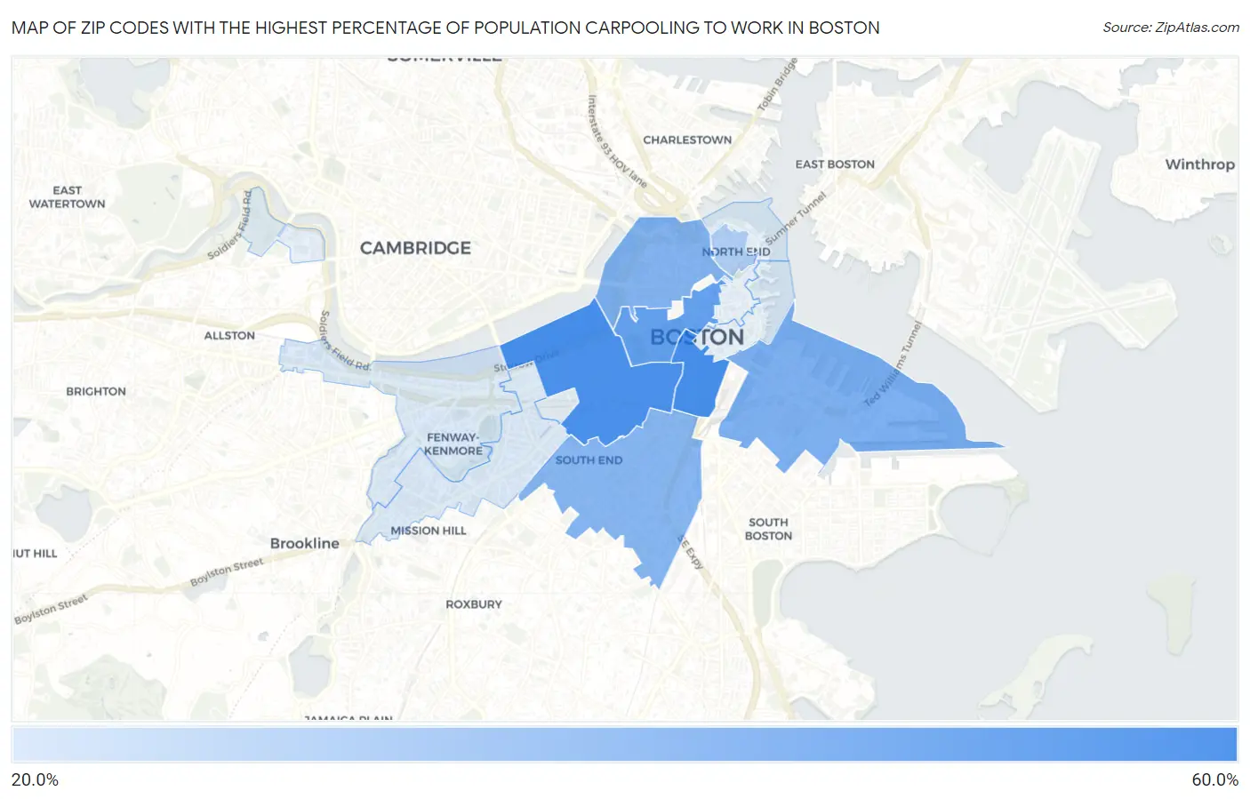Zip Codes with the Highest Percentage of Population Carpooling to Work in Boston Map