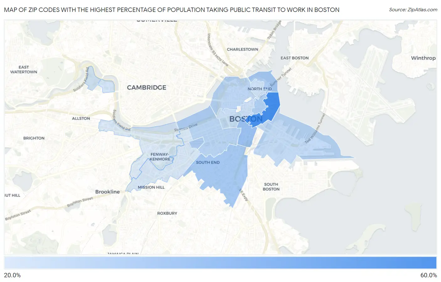 Zip Codes with the Highest Percentage of Population Taking Public Transit to Work in Boston Map