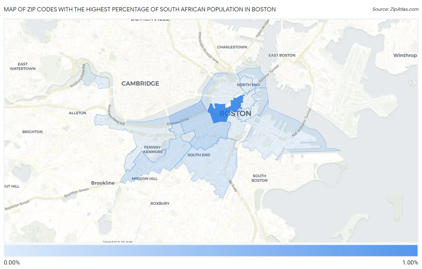 Zip Codes with the Highest Percentage of South African Population in Boston Map