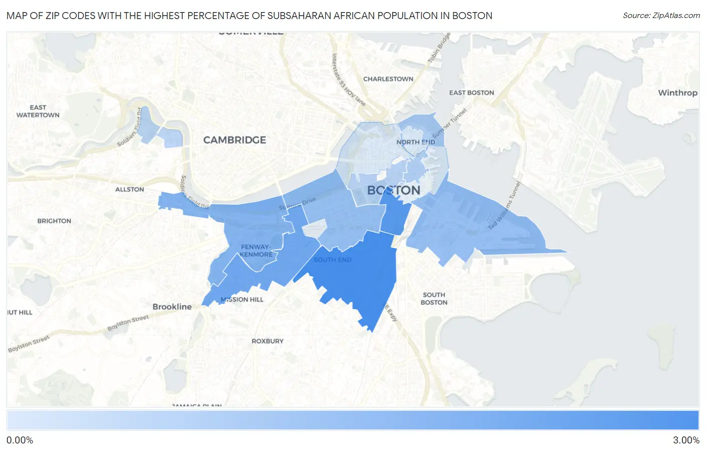 Zip Codes with the Highest Percentage of Subsaharan African Population in Boston Map