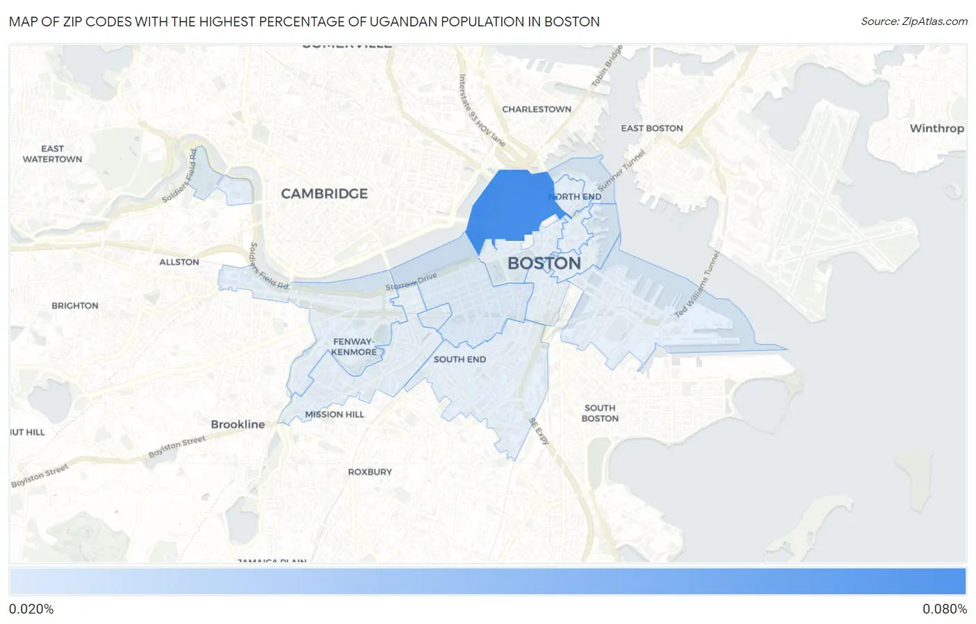 Zip Codes with the Highest Percentage of Ugandan Population in Boston Map