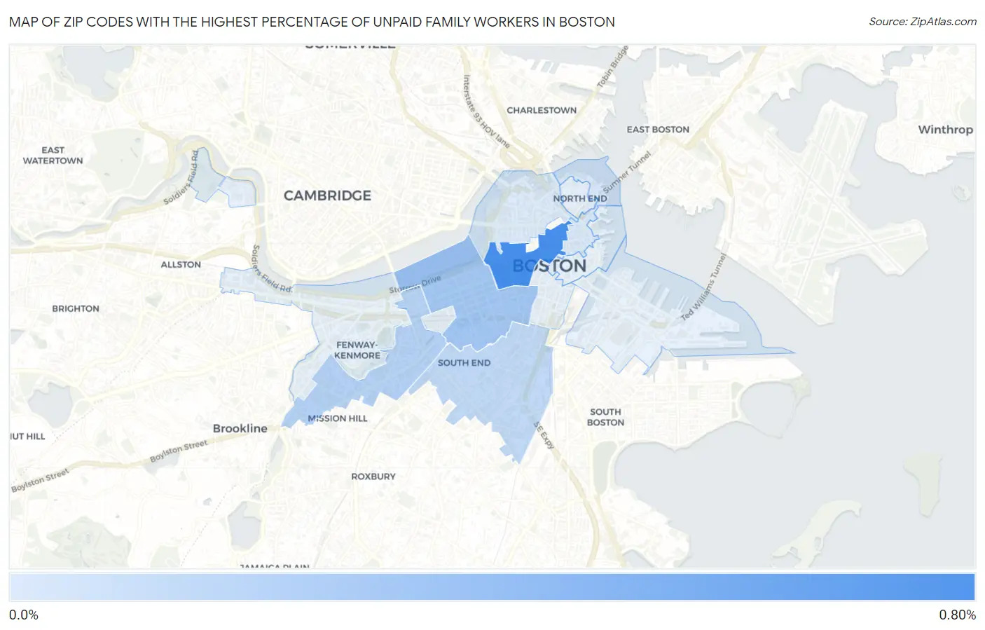 Zip Codes with the Highest Percentage of Unpaid Family Workers in Boston Map