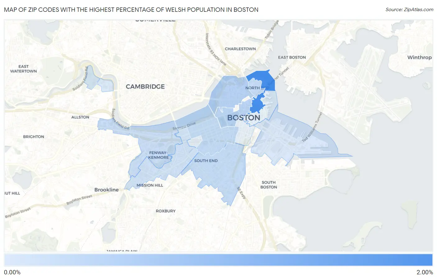 Zip Codes with the Highest Percentage of Welsh Population in Boston Map