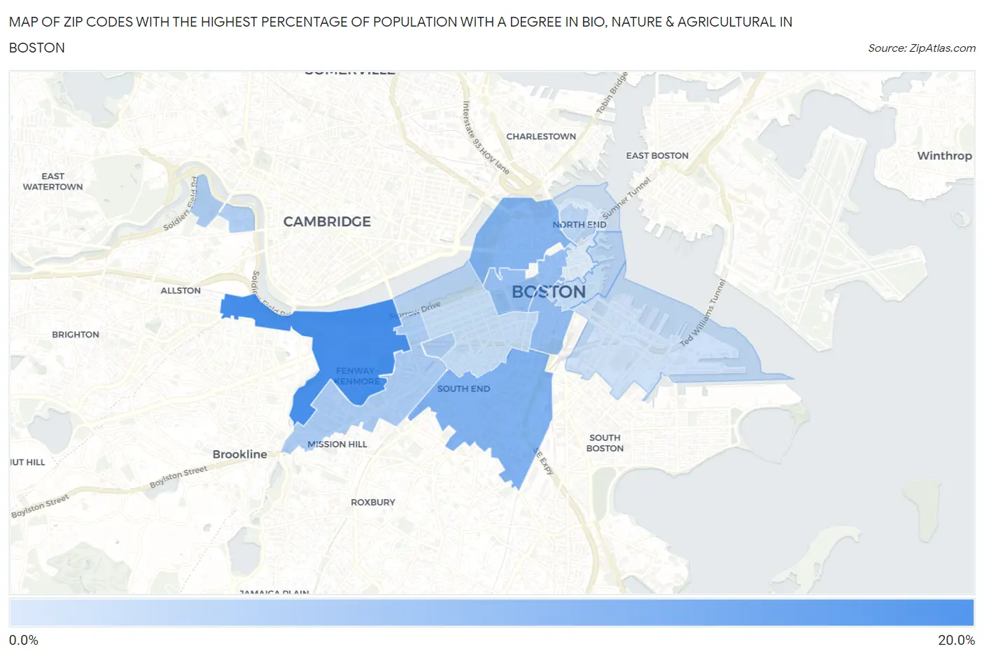 Zip Codes with the Highest Percentage of Population with a Degree in Bio, Nature & Agricultural in Boston Map