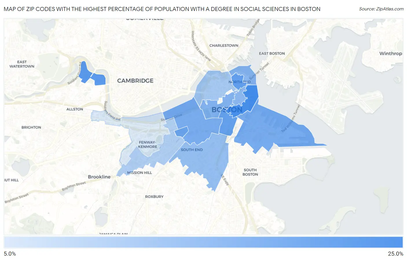 Zip Codes with the Highest Percentage of Population with a Degree in Social Sciences in Boston Map