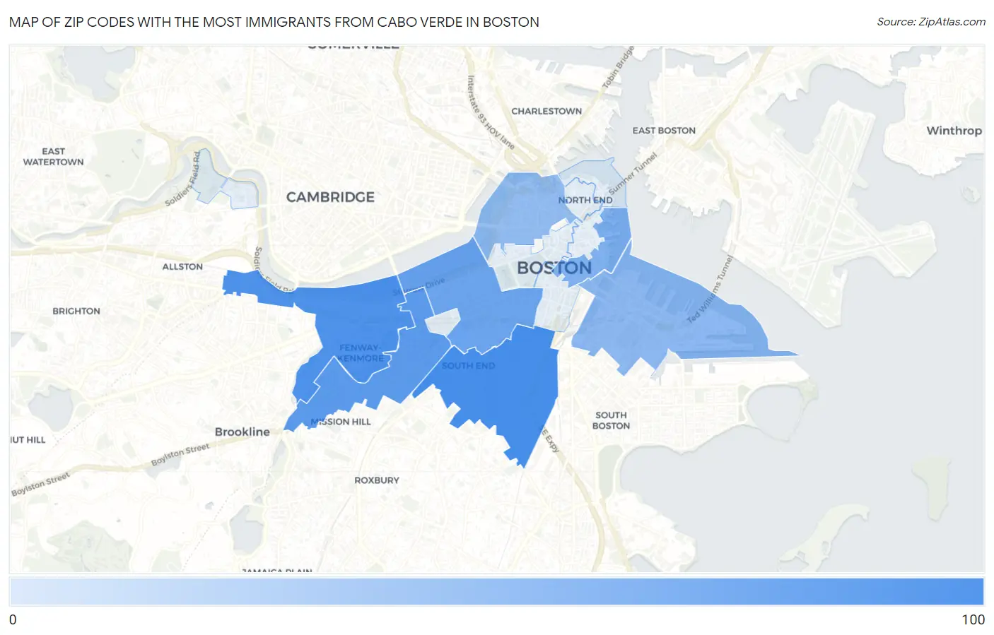 Zip Codes with the Most Immigrants from Cabo Verde in Boston Map