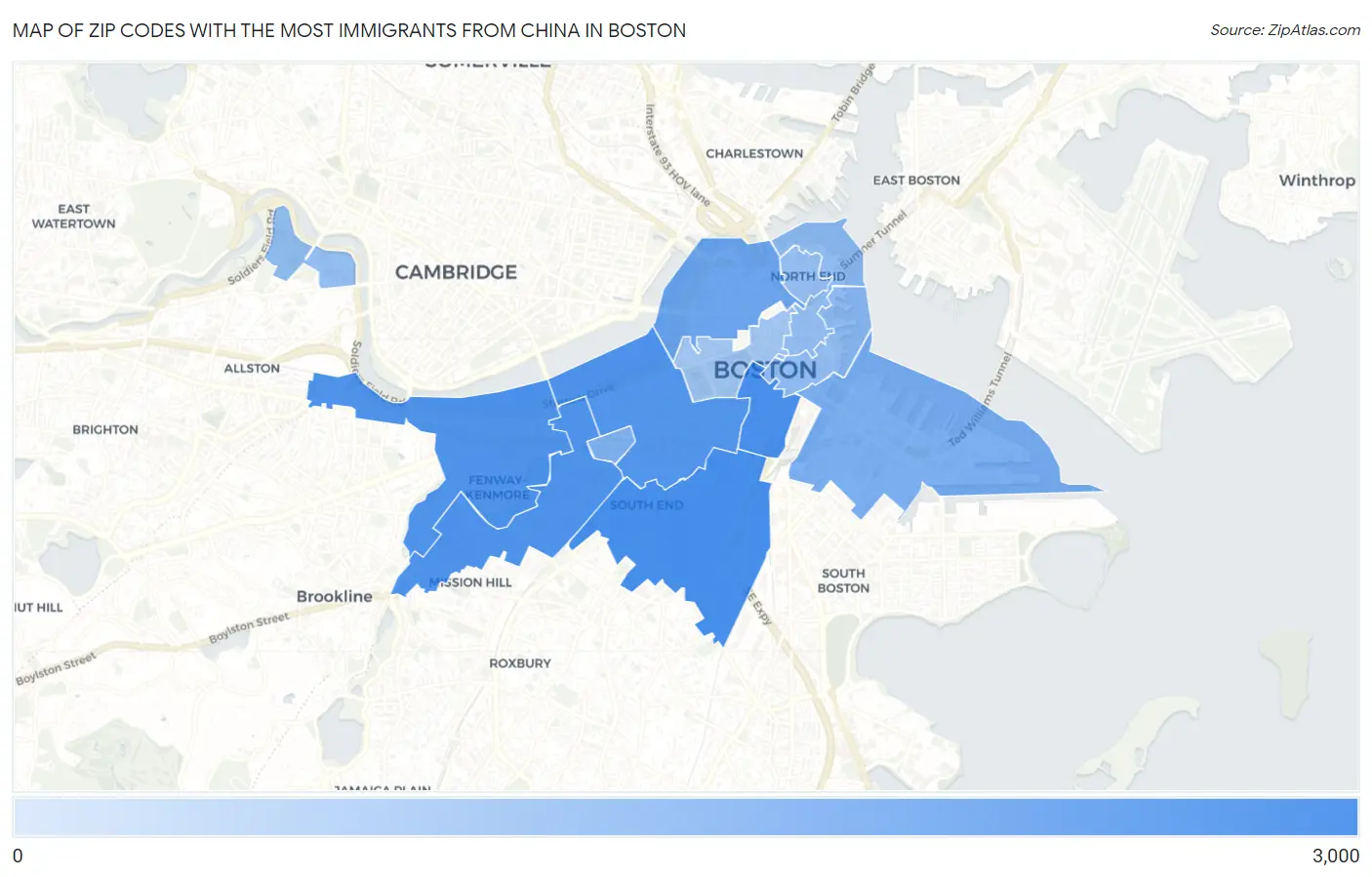 Zip Codes with the Most Immigrants from China in Boston Map