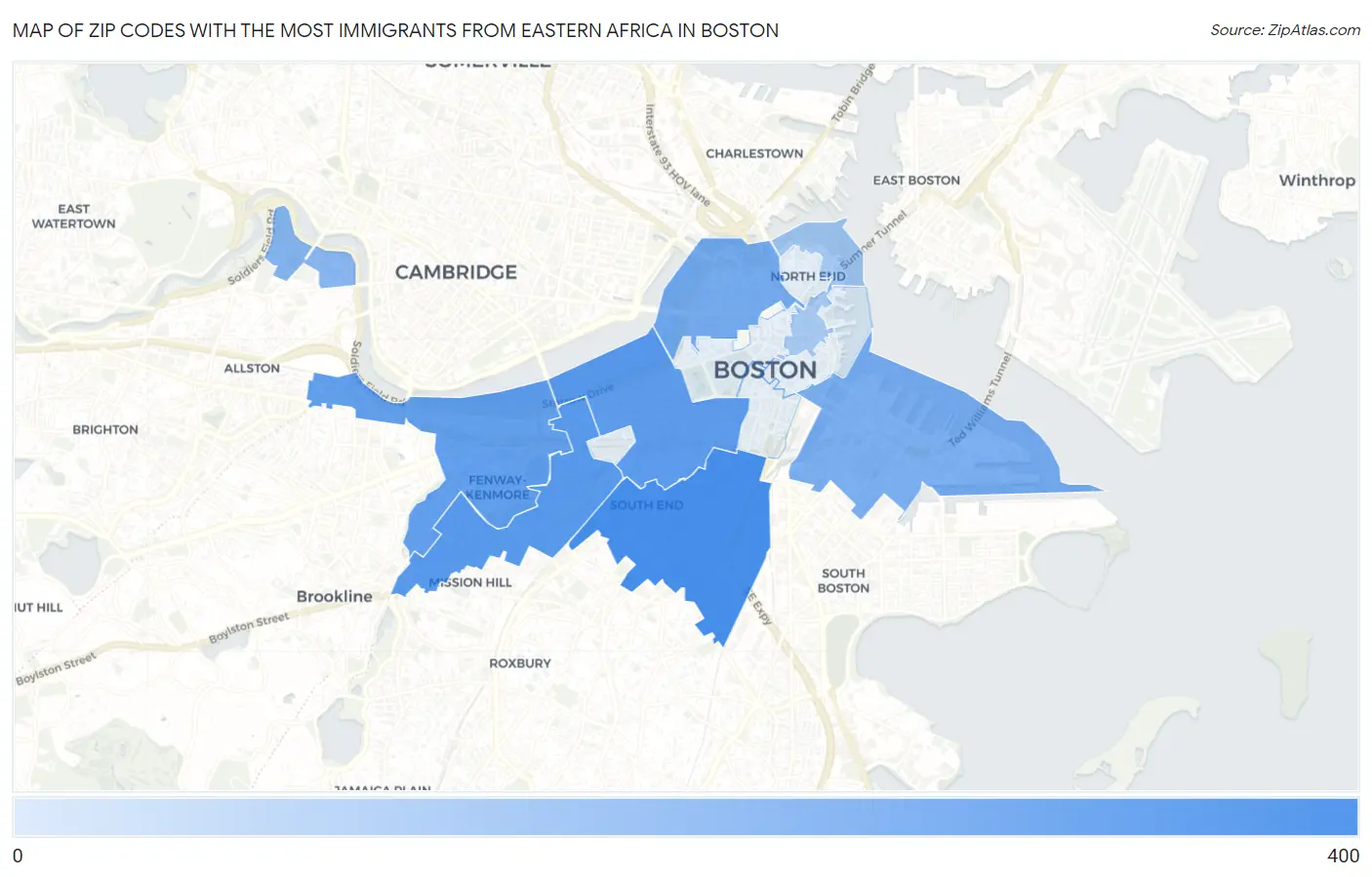Zip Codes with the Most Immigrants from Eastern Africa in Boston Map