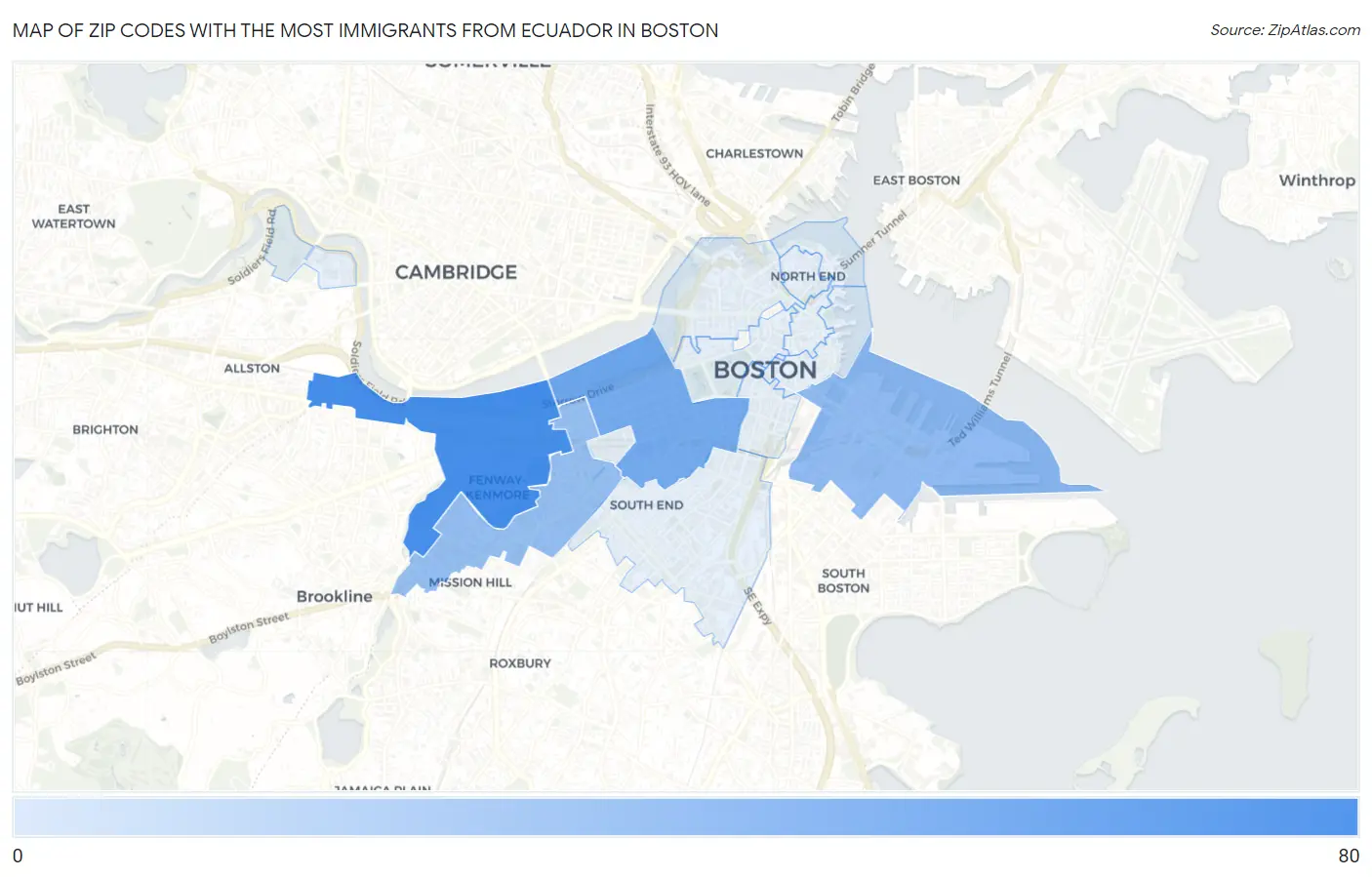 Zip Codes with the Most Immigrants from Ecuador in Boston Map
