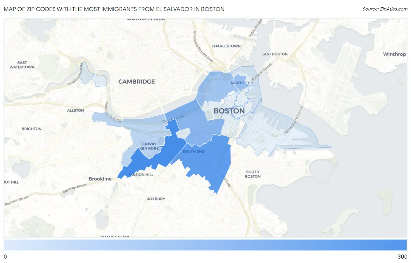 Zip Codes with the Most Immigrants from El Salvador in Boston Map