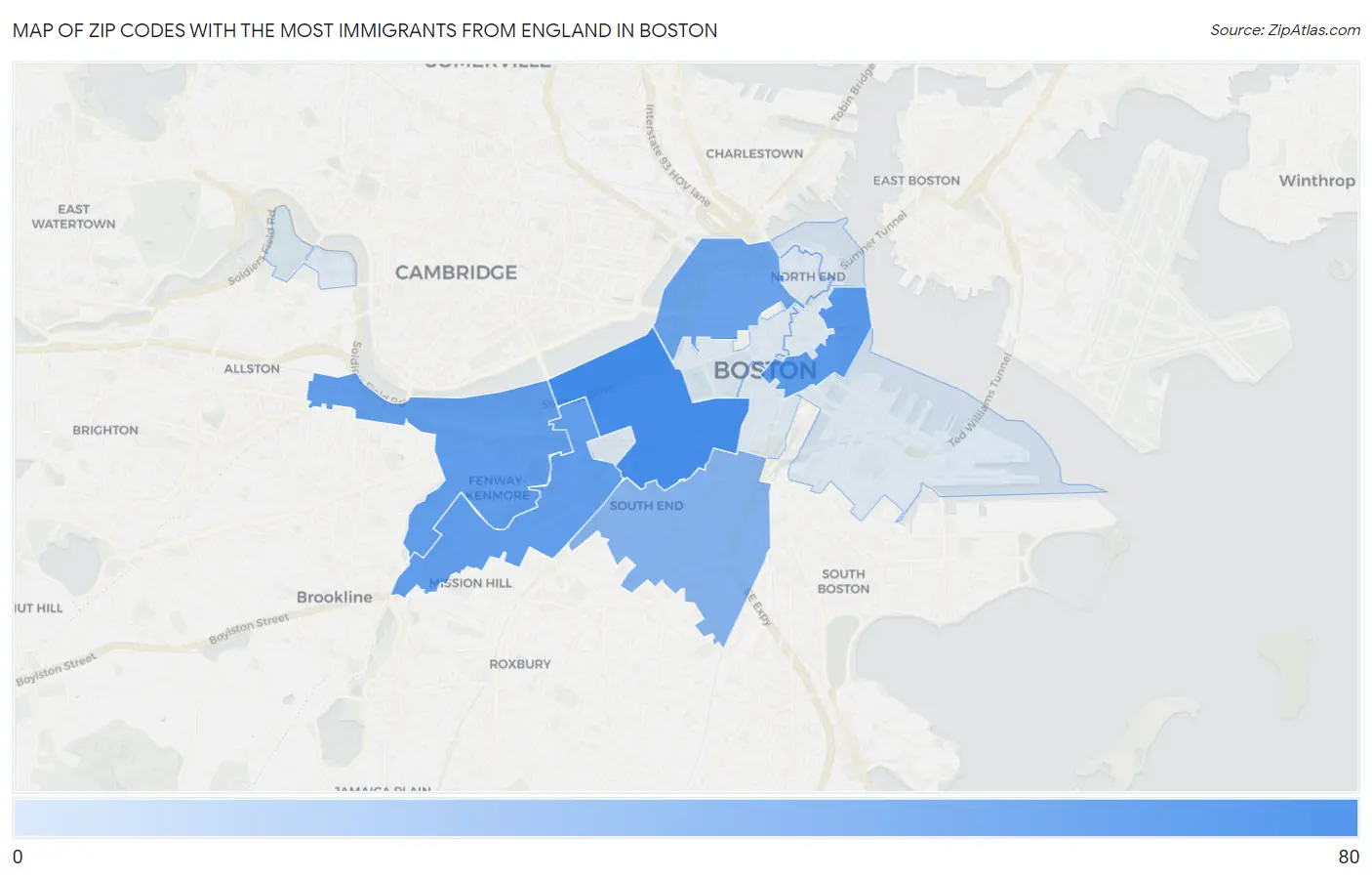 Zip Codes with the Most Immigrants from England in Boston Map