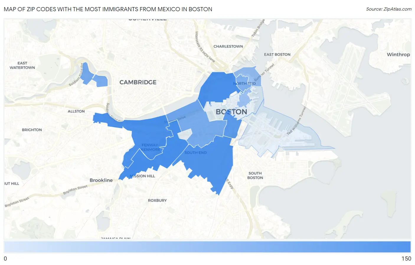 Zip Codes with the Most Immigrants from Mexico in Boston Map