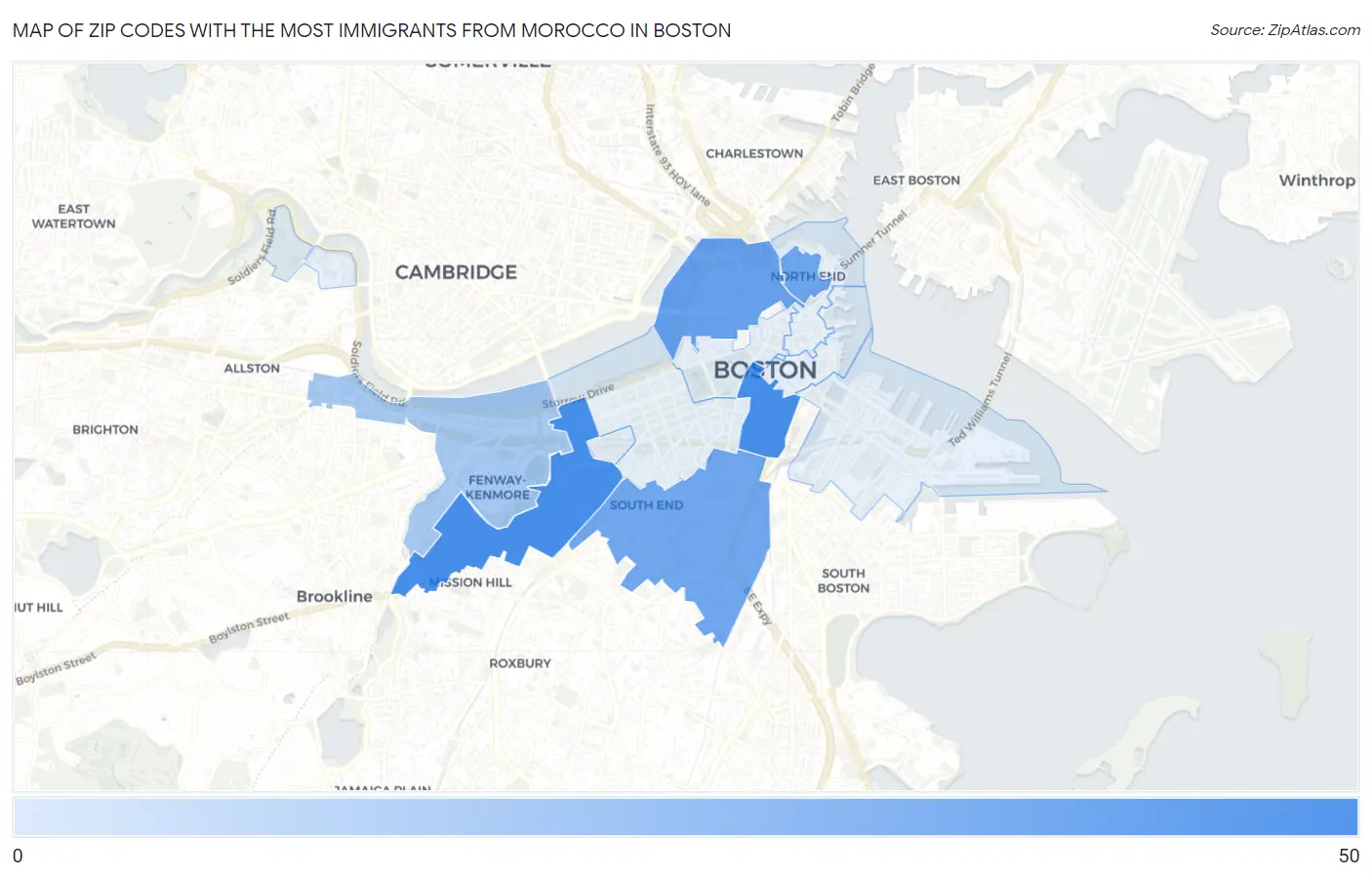 Zip Codes with the Most Immigrants from Morocco in Boston Map