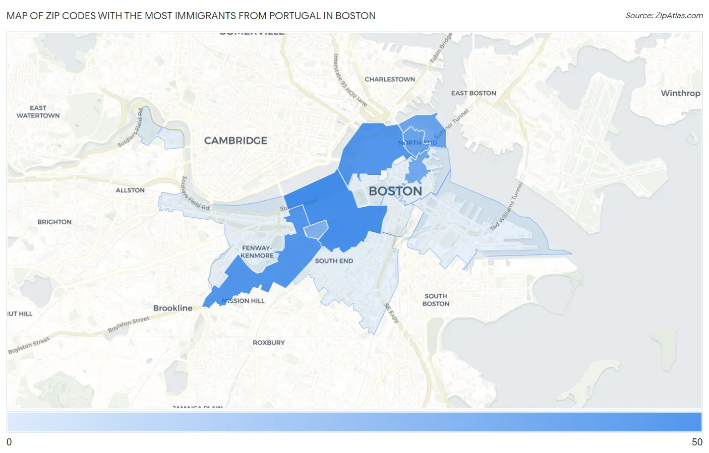 Zip Codes with the Most Immigrants from Portugal in Boston Map