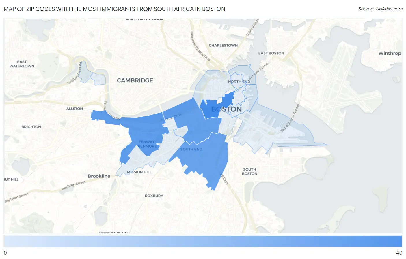 Zip Codes with the Most Immigrants from South Africa in Boston Map