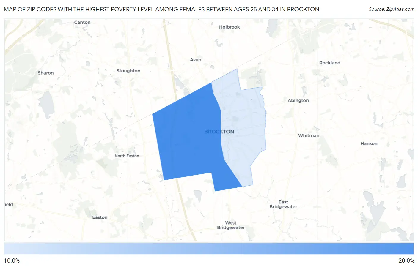 Zip Codes with the Highest Poverty Level Among Females Between Ages 25 and 34 in Brockton Map