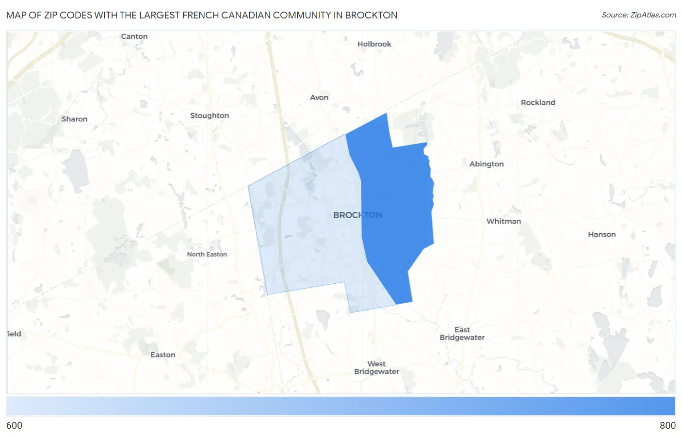 Zip Codes with the Largest French Canadian Community in Brockton Map