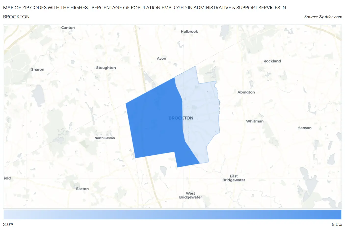 Zip Codes with the Highest Percentage of Population Employed in Administrative & Support Services in Brockton Map
