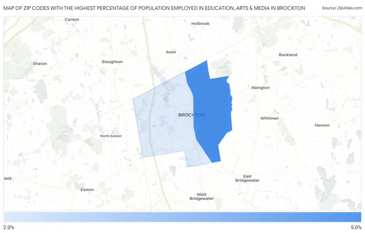 Zip Codes with the Highest Percentage of Population Employed in Education, Arts & Media in Brockton Map