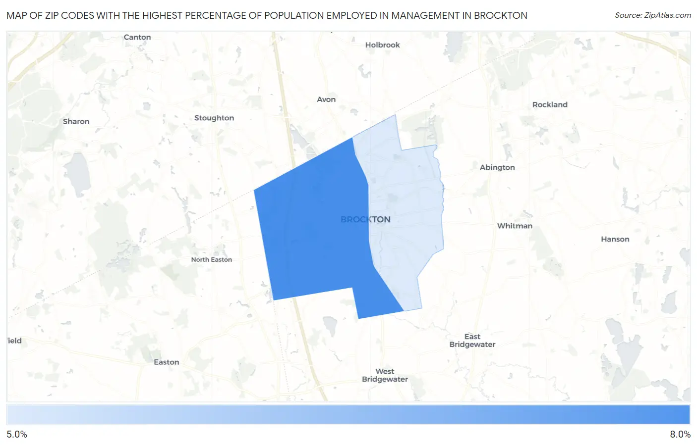 Zip Codes with the Highest Percentage of Population Employed in Management in Brockton Map