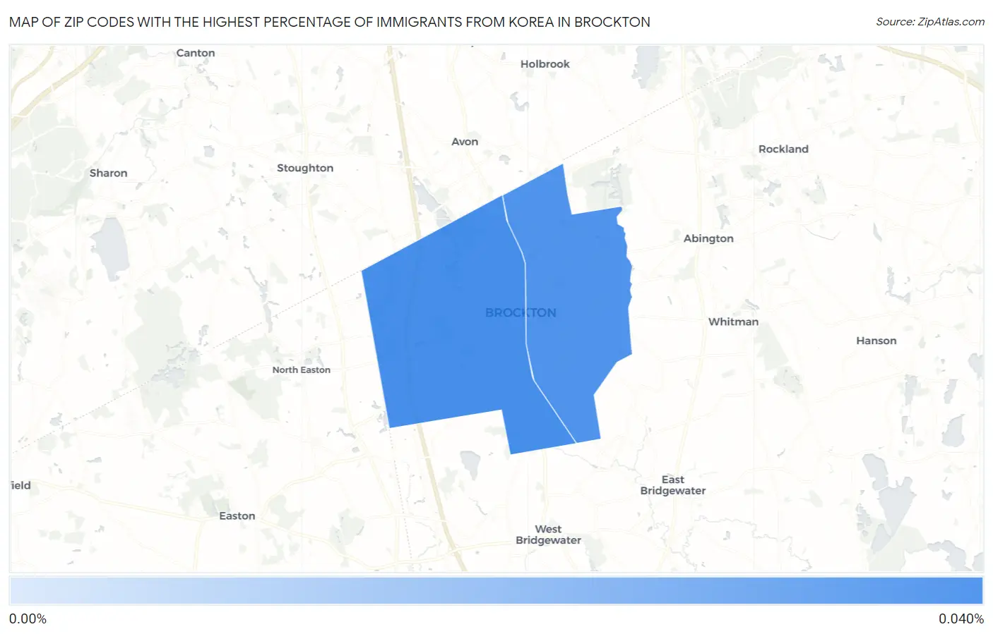 Zip Codes with the Highest Percentage of Immigrants from Korea in Brockton Map