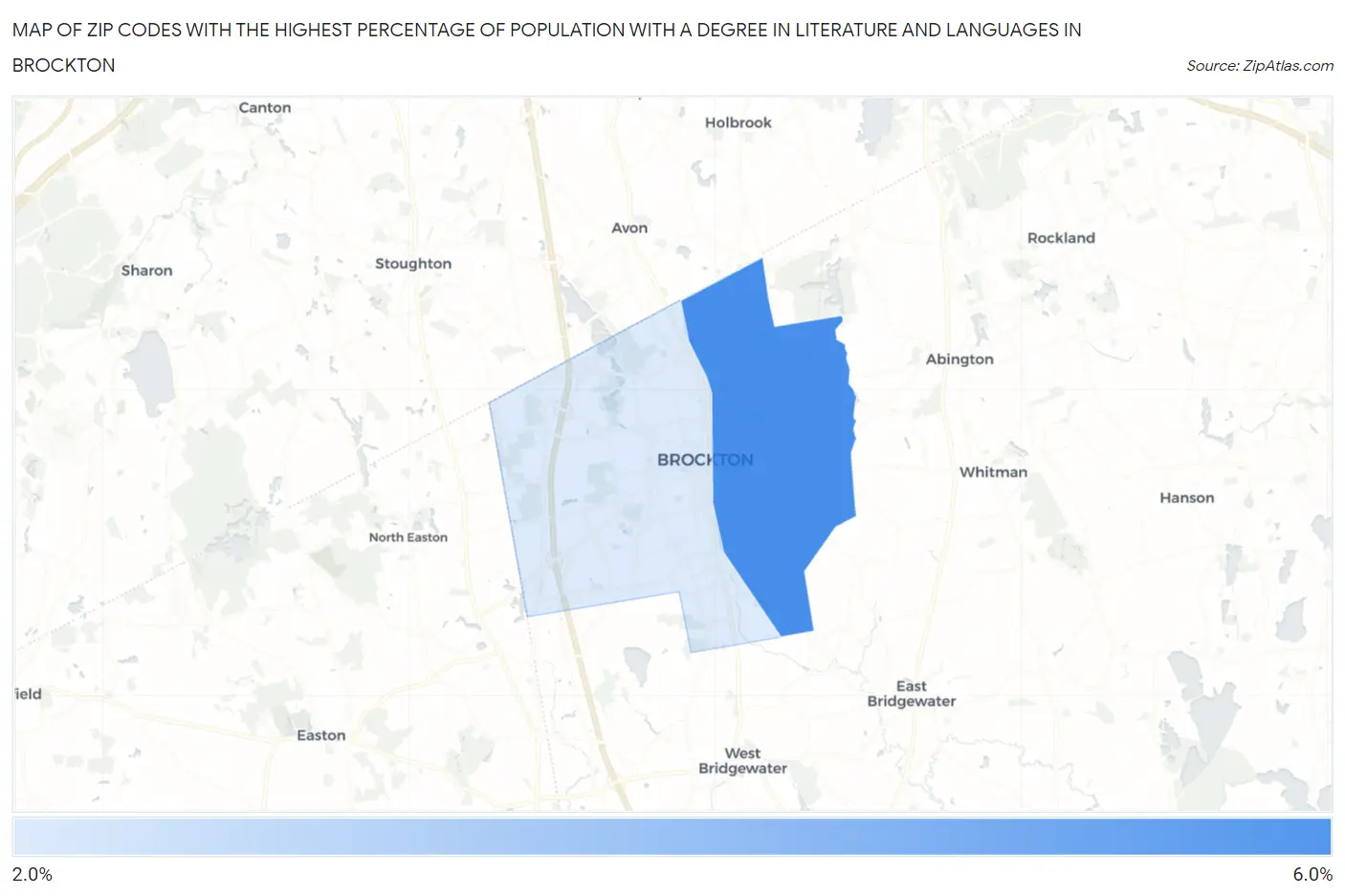 Zip Codes with the Highest Percentage of Population with a Degree in Literature and Languages in Brockton Map