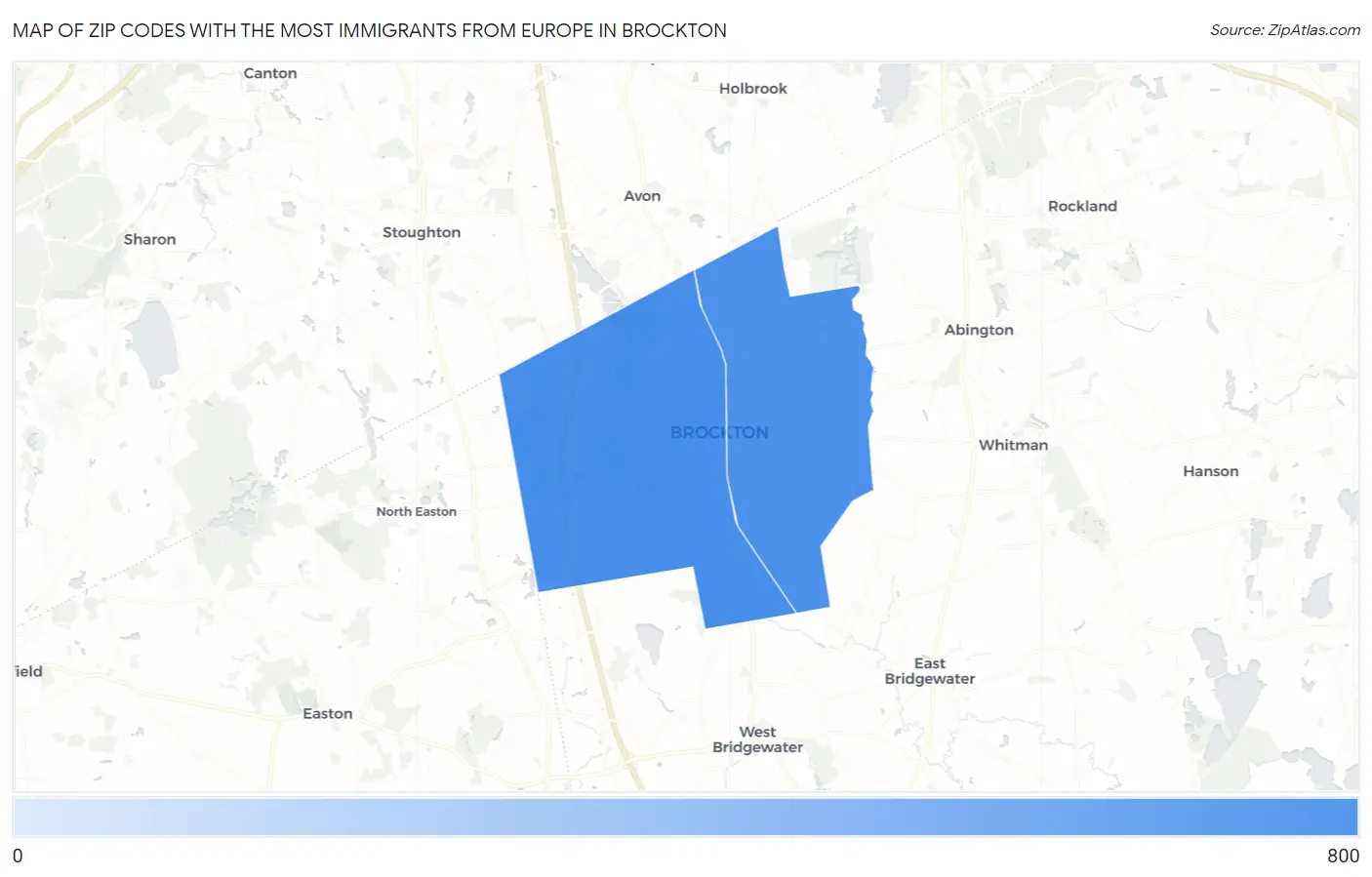 Zip Codes with the Most Immigrants from Europe in Brockton Map