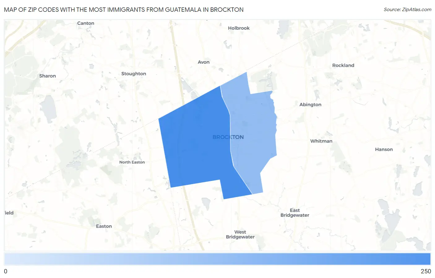 Zip Codes with the Most Immigrants from Guatemala in Brockton Map