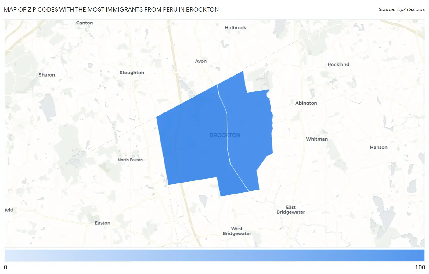 Zip Codes with the Most Immigrants from Peru in Brockton Map