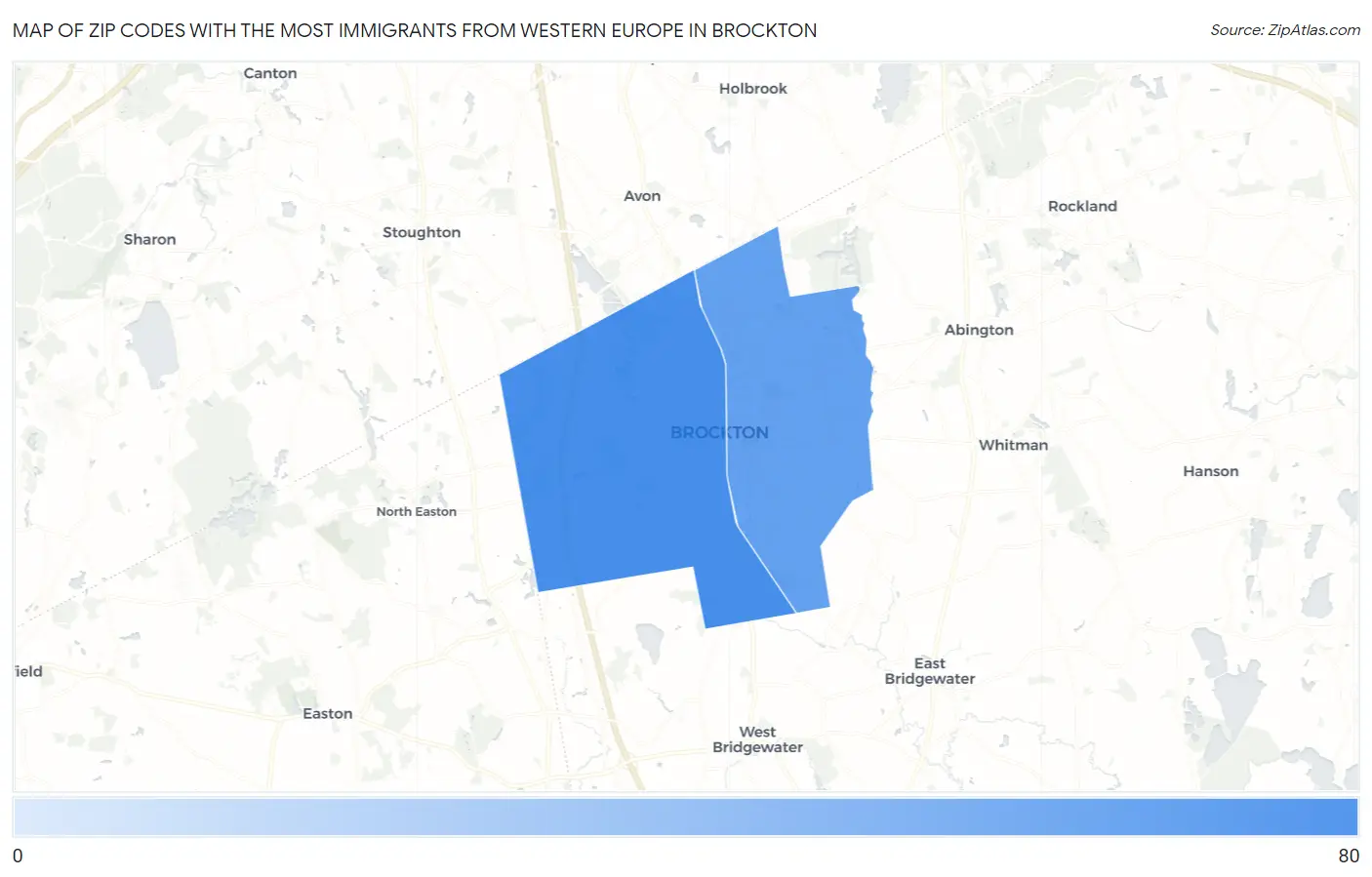 Zip Codes with the Most Immigrants from Western Europe in Brockton Map