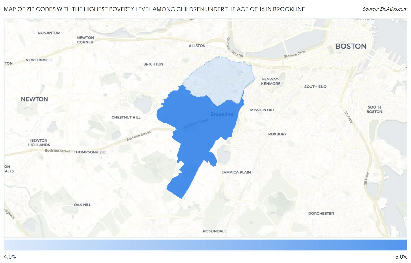 Zip Codes with the Highest Poverty Level Among Children Under the Age of 16 in Brookline Map
