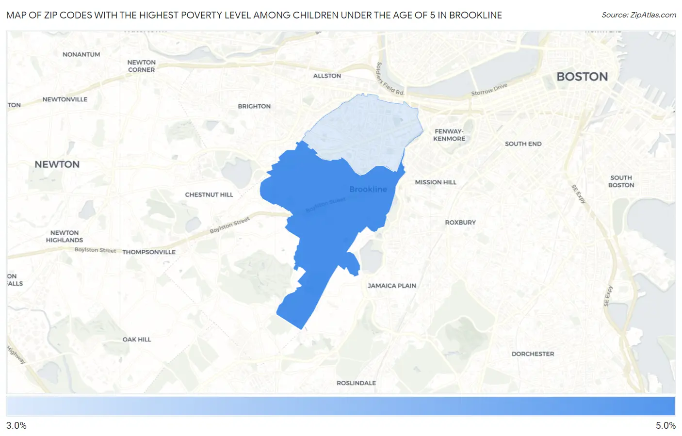 Zip Codes with the Highest Poverty Level Among Children Under the Age of 5 in Brookline Map