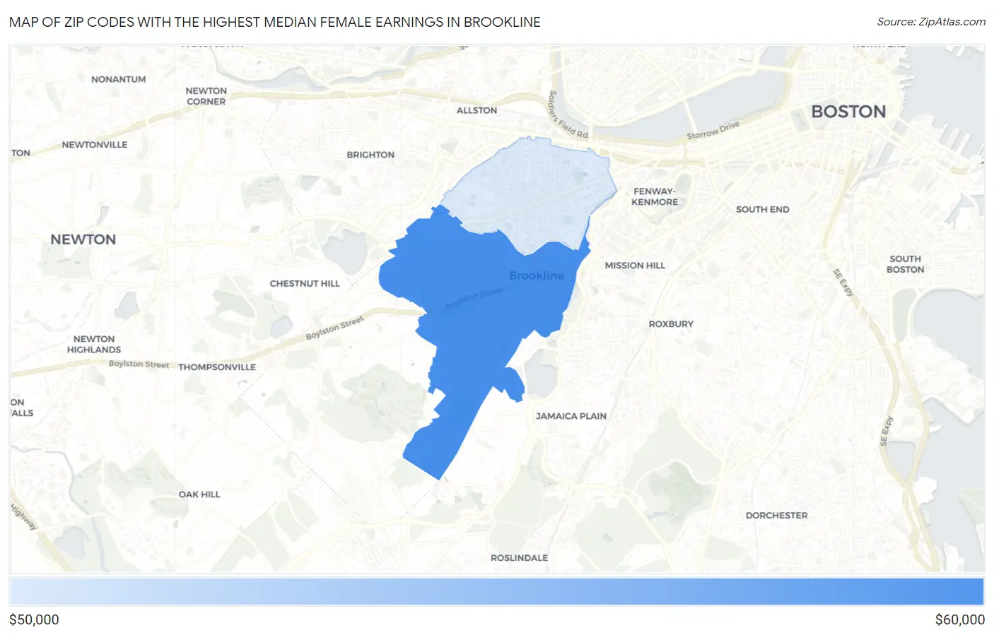 Zip Codes with the Highest Median Female Earnings in Brookline Map