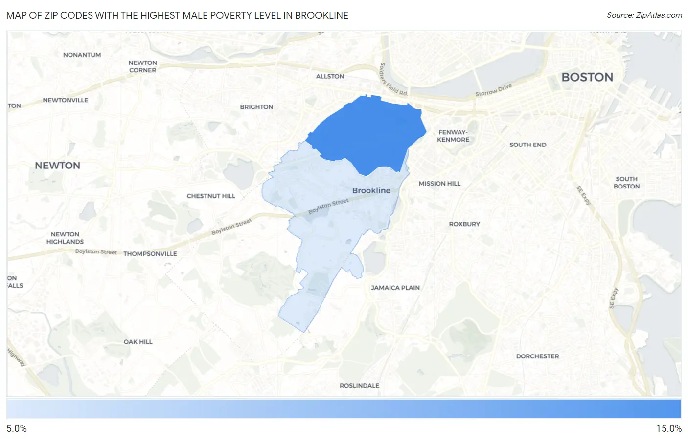 Zip Codes with the Highest Male Poverty Level in Brookline Map