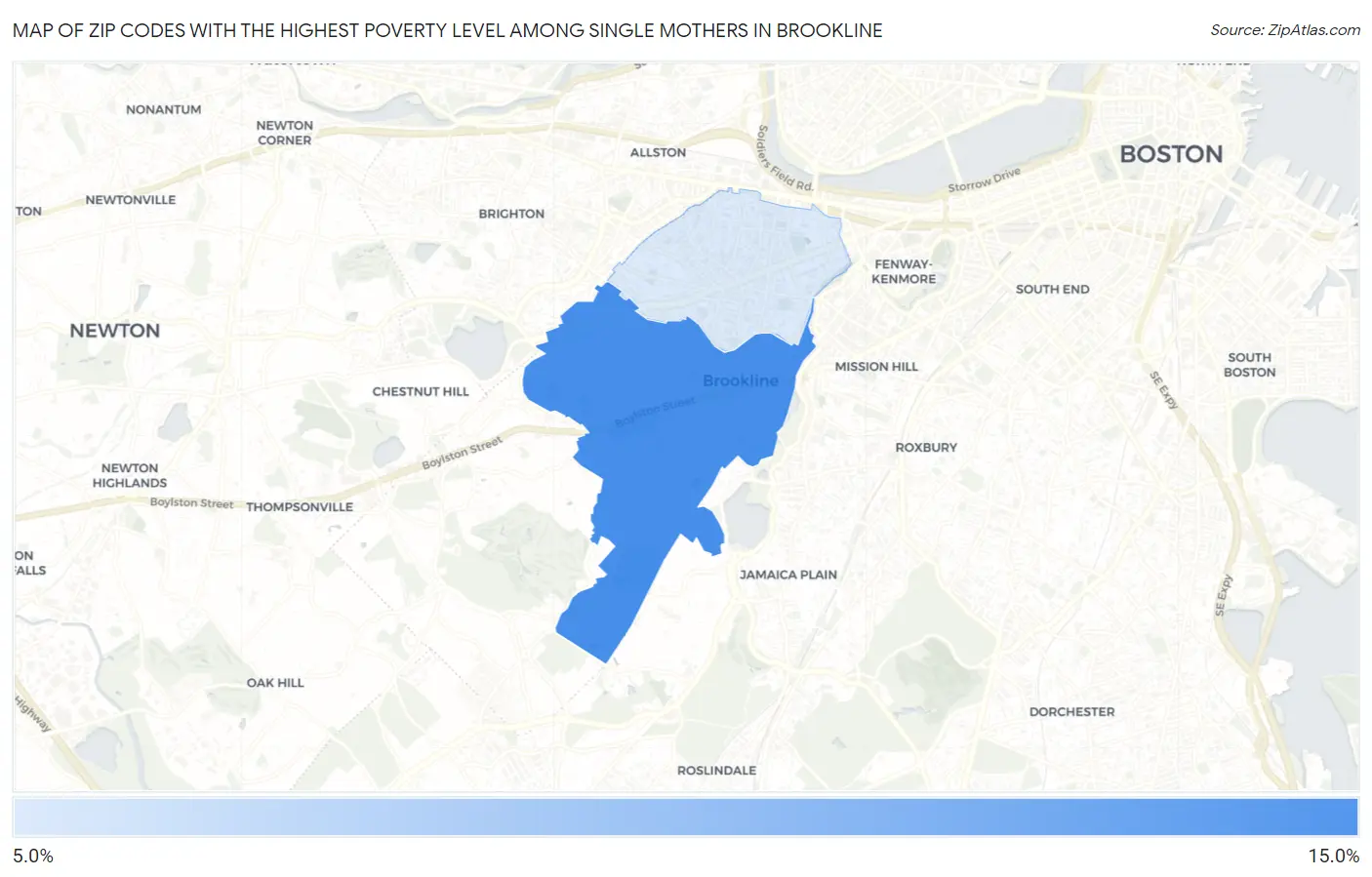 Zip Codes with the Highest Poverty Level Among Single Mothers in Brookline Map