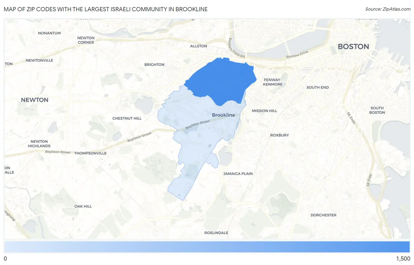 Zip Codes with the Largest Israeli Community in Brookline Map