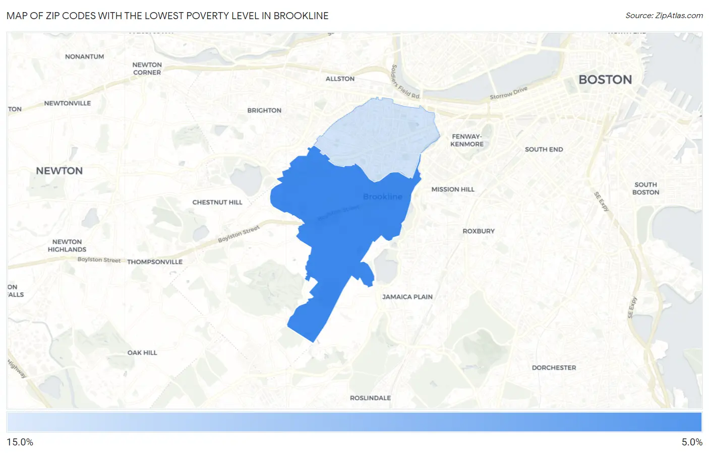 Zip Codes with the Lowest Poverty Level in Brookline Map