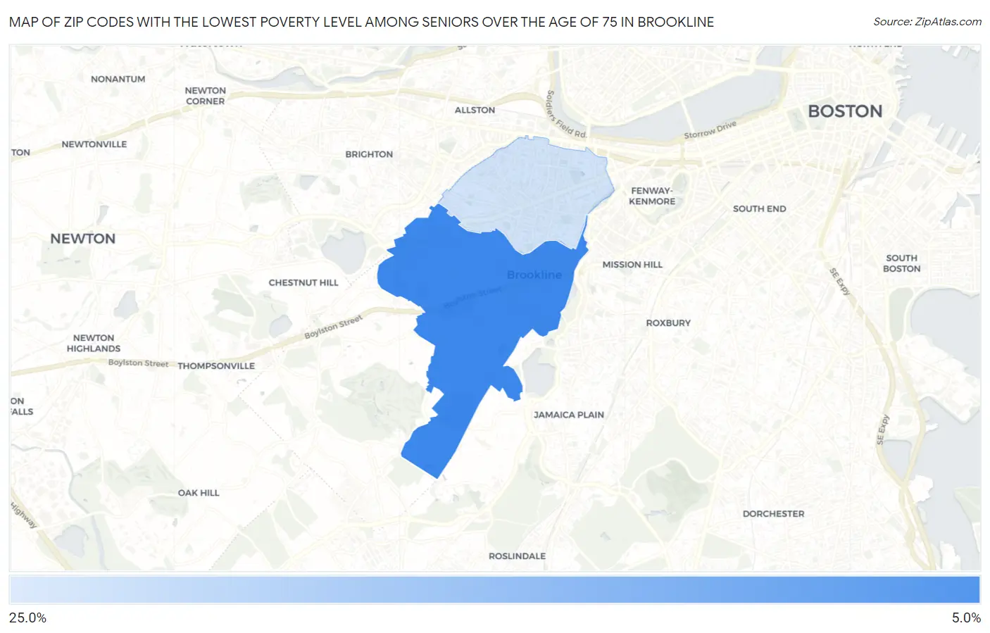 Zip Codes with the Lowest Poverty Level Among Seniors Over the Age of 75 in Brookline Map